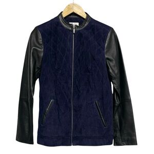 D & Co. Two-Tone Quilted Suede & Leather Bomber Jacket Navy Blue & Black Size XS